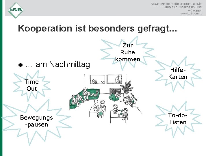 Kooperation ist besonders gefragt… u … am Nachmittag Time Out Bewegungs -pausen Zur Ruhe