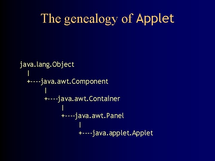 The genealogy of Applet java. lang. Object | +----java. awt. Component | +----java. awt.