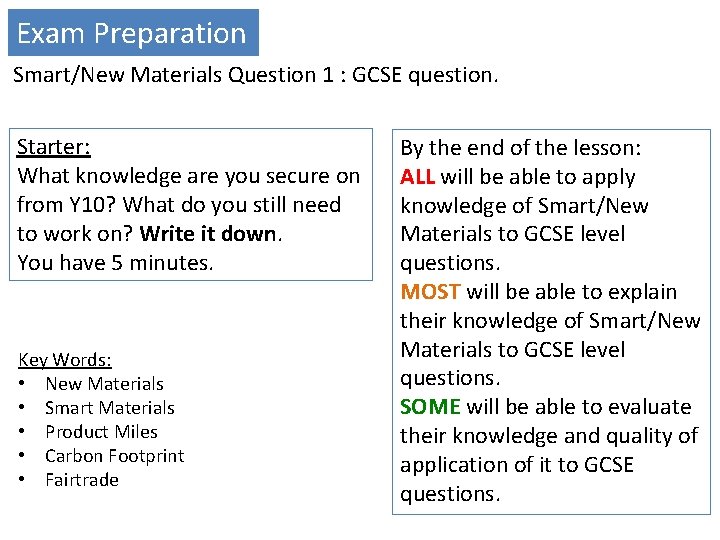 Exam Preparation Smart/New Materials Question 1 : GCSE question. Starter: What knowledge are you