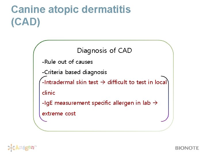 Canine atopic dermatitis (CAD) Diagnosis of CAD -Rule out of causes -Criteria based diagnosis