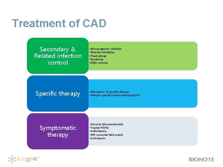 Treatment of CAD Secondary & Related infection control Specific therapy Symptomatic therapy • Microorganism