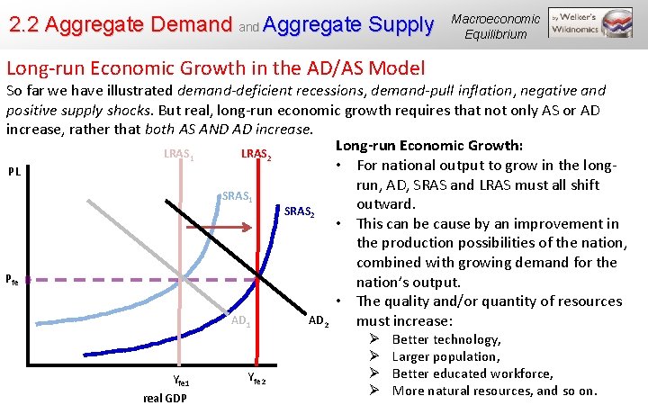 2. 2 Aggregate Demand Aggregate Supply Macroeconomic Equilibrium Long-run Economic Growth in the AD/AS