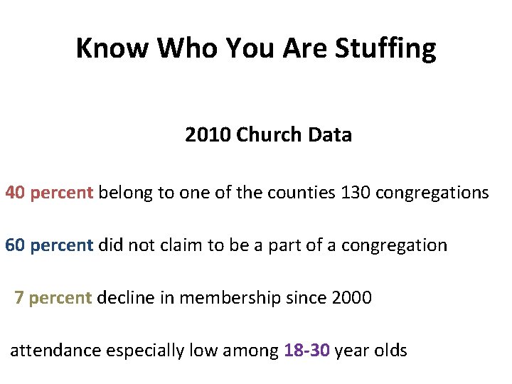 Know Who You Are Stuffing 2010 Church Data 40 percent belong to one of