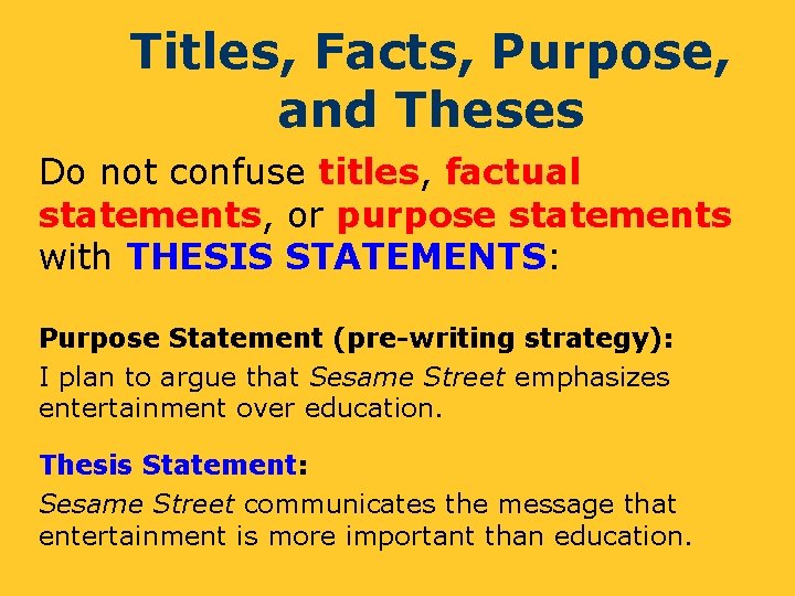 Titles, Facts, Purpose, and Theses Do not confuse titles, factual statements, or purpose statements