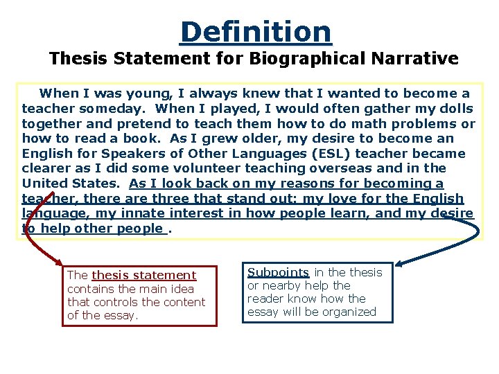 Definition Thesis Statement for Biographical Narrative When I was young, I always knew that