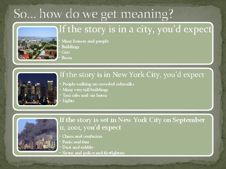 So… how do we get meaning? If the story is in a city, you’d