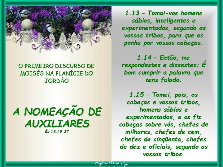 1. 13 – Tomai-vos homens sábios, inteligentes e experimentados, segundo as vossas tribos, para