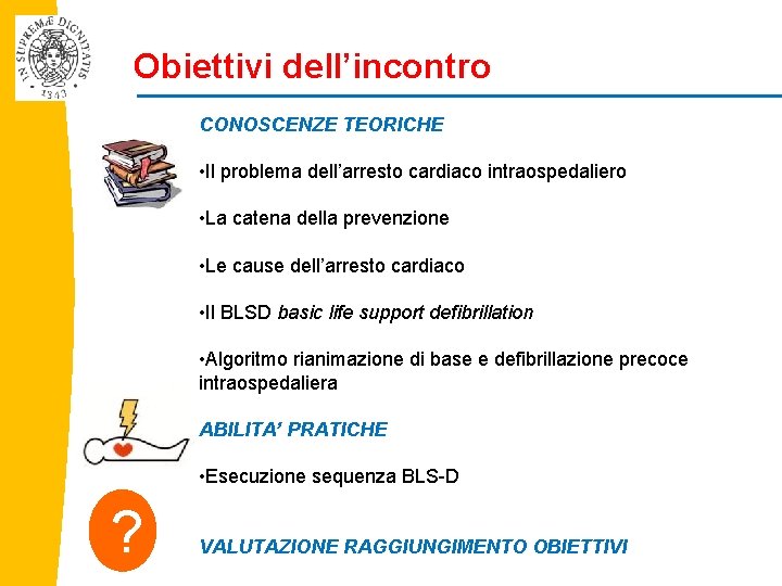 Obiettivi dell’incontro CONOSCENZE TEORICHE • Il problema dell’arresto cardiaco intraospedaliero • La catena della