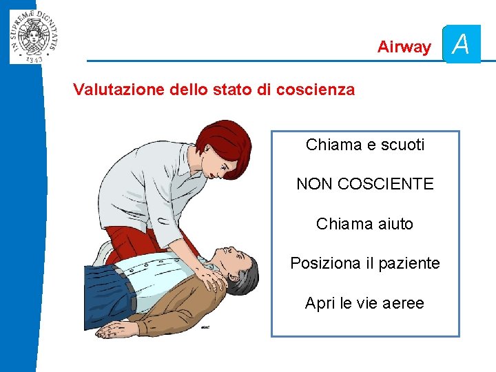 Airway Valutazione dello stato di coscienza Chiama e scuoti NON COSCIENTE Chiama aiuto Posiziona