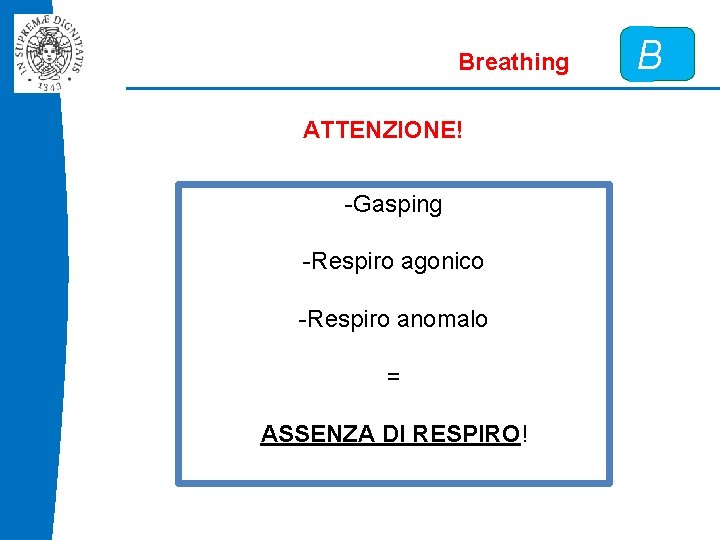 Breathing ATTENZIONE! -Gasping -Respiro agonico -Respiro anomalo = ASSENZA DI RESPIRO! B 