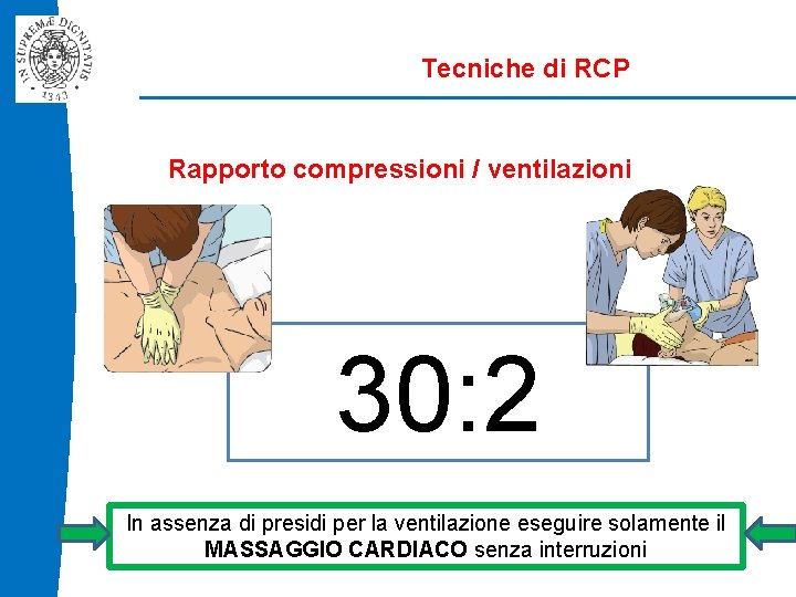 Tecniche di RCP Rapporto compressioni / ventilazioni 30: 2 In assenza di presidi per