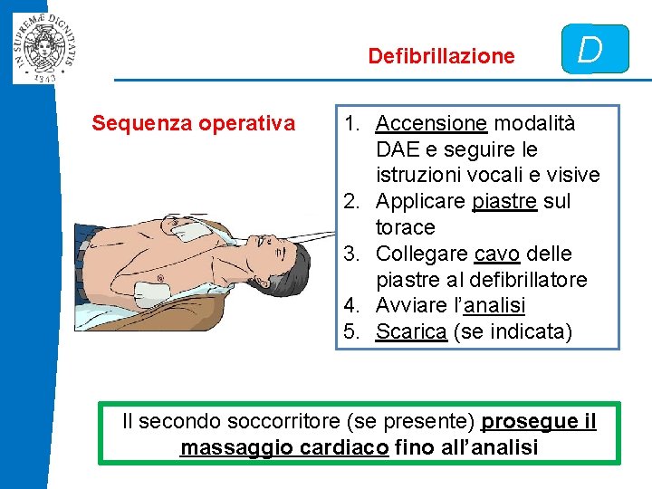 Defibrillazione Sequenza operativa D 1. Accensione modalità DAE e seguire le istruzioni vocali e