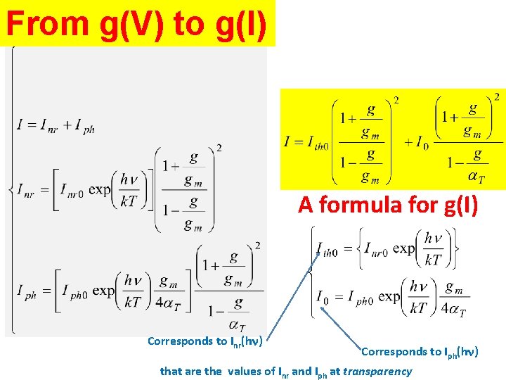 From g(V) to g(I) A formula for g(I) Corresponds to Inr(hn) Corresponds to Iph(hn)