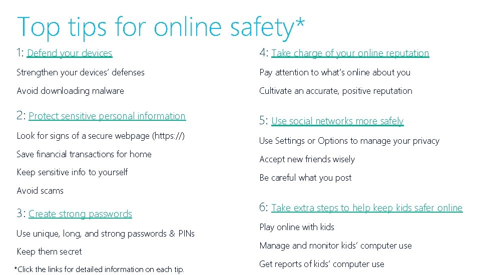 Top tips for online safety* 1: Defend your devices 4: Take charge of your