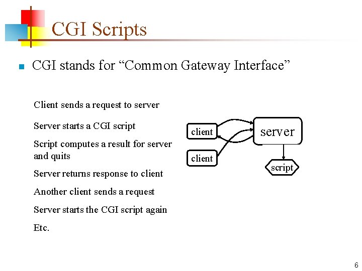 CGI Scripts n CGI stands for “Common Gateway Interface” Client sends a request to