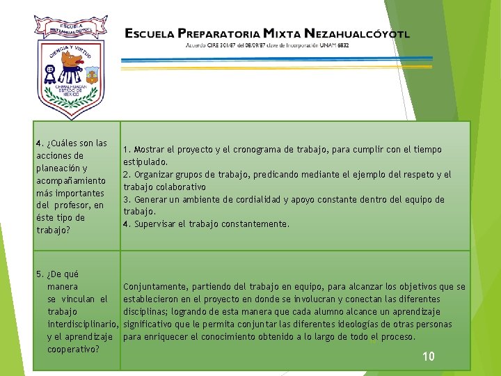 4. ¿Cuáles son las acciones de planeación y acompañamiento más importantes del profesor, en