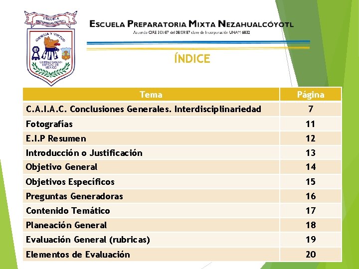 ÍNDICE Tema Página C. A. I. A. C. Conclusiones Generales. Interdisciplinariedad 7 Fotografías 11