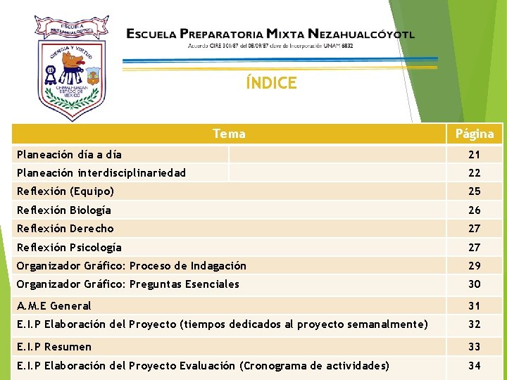 ÍNDICE Tema Página Planeación día a día 21 Planeación interdisciplinariedad 22 Reflexión (Equipo) 25