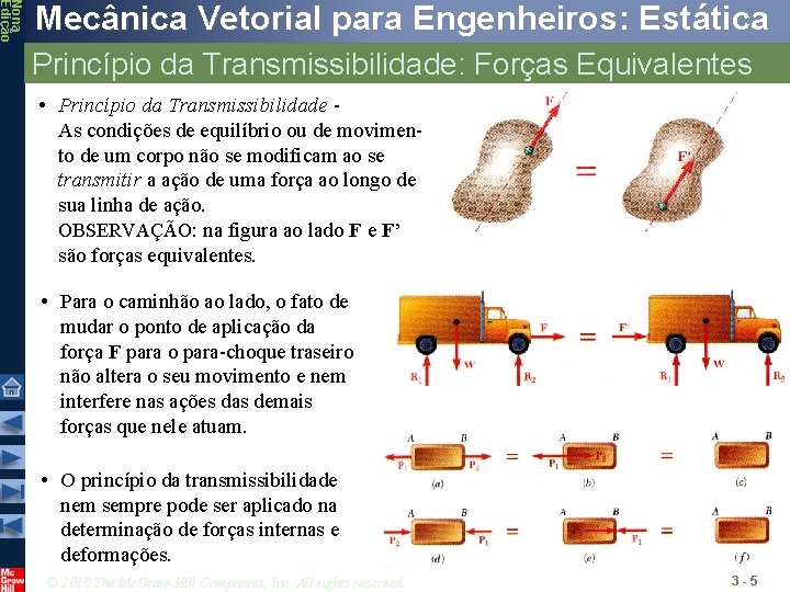 Nona Edição Mecânica Vetorial para Engenheiros: Estática Princípio da Transmissibilidade: Forças Equivalentes • Princípio