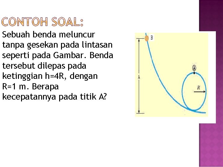 Sebuah benda meluncur tanpa gesekan pada lintasan seperti pada Gambar. Benda tersebut dilepas pada