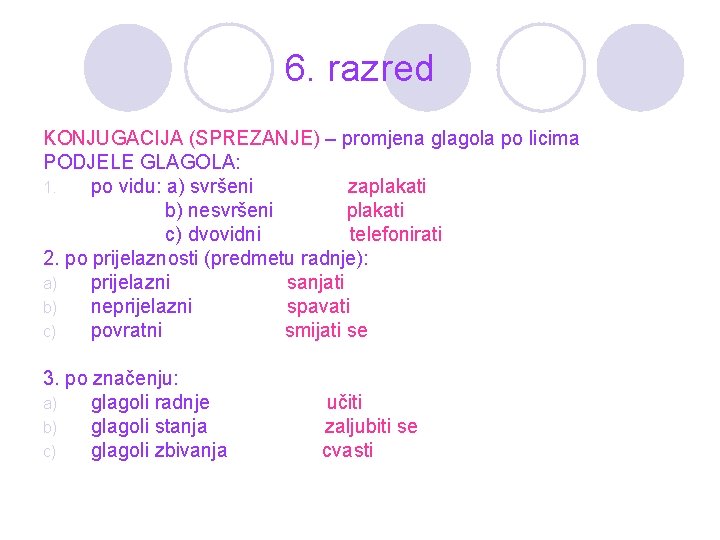 6. razred KONJUGACIJA (SPREZANJE) – promjena glagola po licima PODJELE GLAGOLA: 1. po vidu: