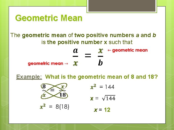 Geometric Mean The geometric mean of two positive numbers a and b is the