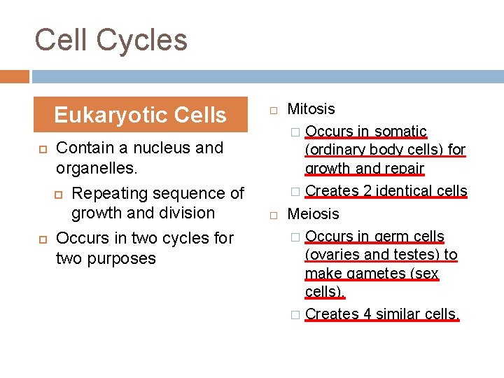 Cell Cycles Eukaryotic Cells Contain a nucleus and organelles. Repeating sequence of growth and