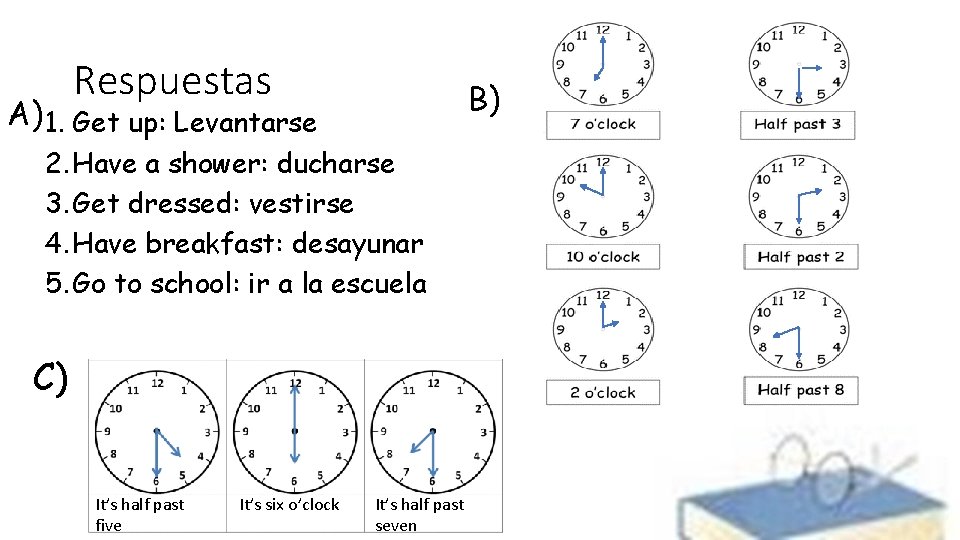 Respuestas B) A) 1. Get up: Levantarse 2. Have a shower: ducharse 3. Get