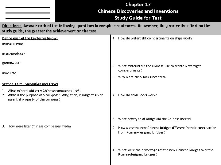 Chapter 17 Chinese Discoveries and Inventions Study Guide for Test Directions: Answer each of