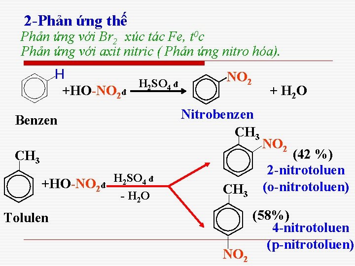 2 -Phản ứng thế Phản ứng với Br 2 xúc tác Fe, t 0 2 -Phản ứng thế Phản ứng với Br 2 xúc tác Fe, t 0