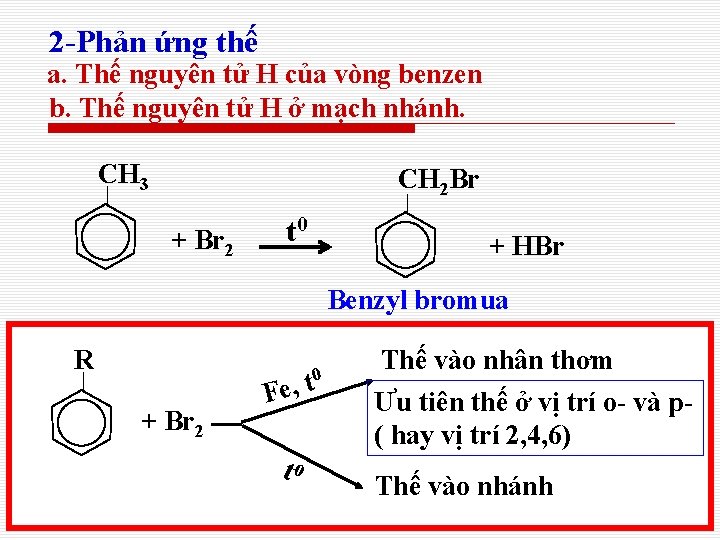 2 -Phản ứng thế a. Thế nguyên tử H của vòng benzen b. Thế 2 -Phản ứng thế a. Thế nguyên tử H của vòng benzen b. Thế