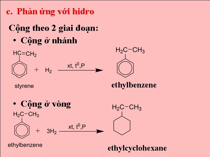 c. Phản ứng với hidro Cộng theo 2 giai đoạn: • Cộng ở nhánh