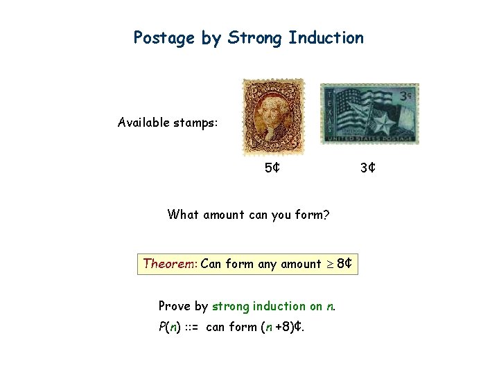 Postage by Strong Induction Available stamps: 5¢ What amount can you form? Theorem: Can