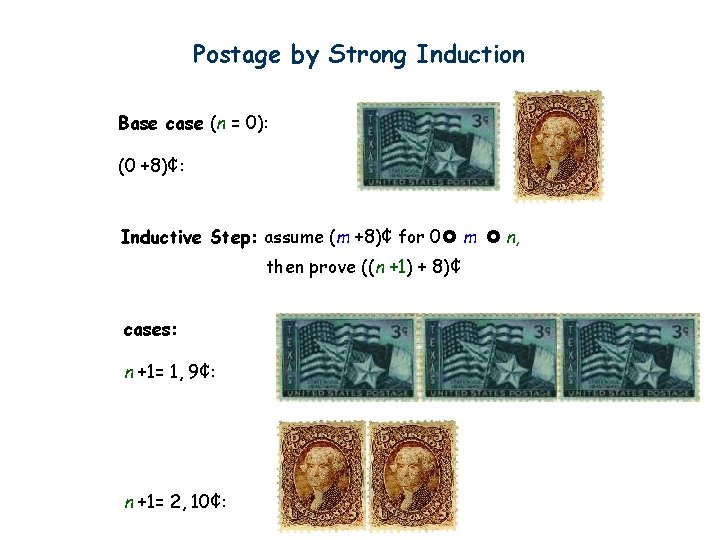 Postage by Strong Induction Base case (n = 0): (0 +8)¢: Inductive Step: assume