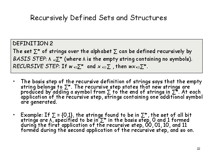 Recursively Defined Sets and Structures DEFINITION 2 The set ∑* of strings over the