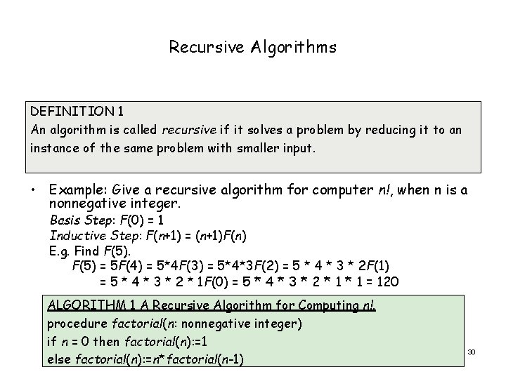 Recursive Algorithms DEFINITION 1 An algorithm is called recursive if it solves a problem