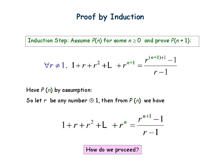 Proof by Induction Step: Assume P(n) for some n 0 and prove P(n +