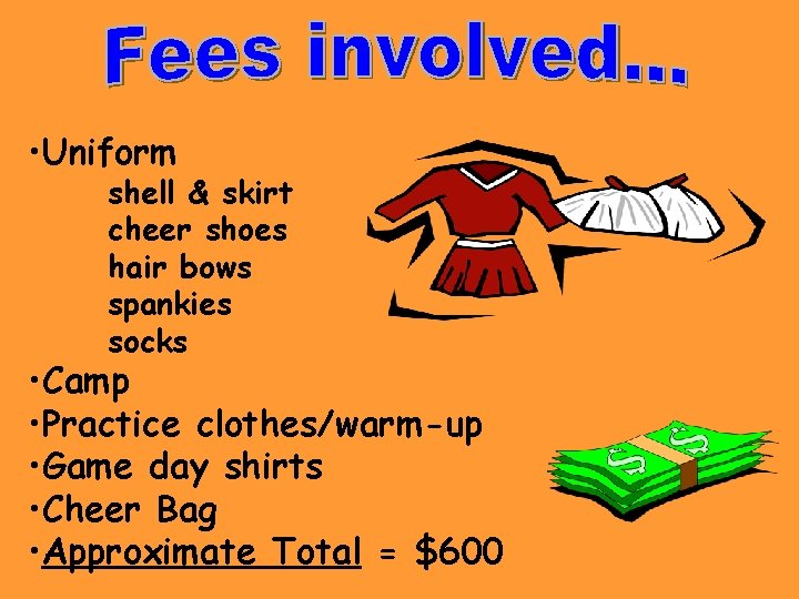 • Uniform shell & skirt cheer shoes hair bows spankies socks • Camp • Uniform shell & skirt cheer shoes hair bows spankies socks • Camp