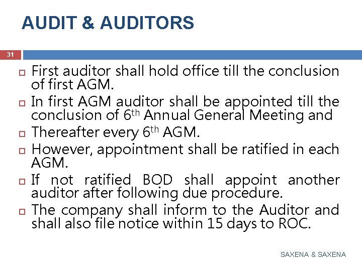 AUDIT & AUDITORS 31 First auditor shall hold office till the conclusion of first