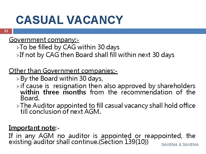 CASUAL VACANCY 33 Government company: ØTo be filled by CAG within 30 days ØIf