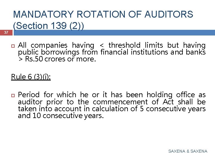 37 MANDATORY ROTATION OF AUDITORS (Section 139 (2)) All companies having < threshold limits