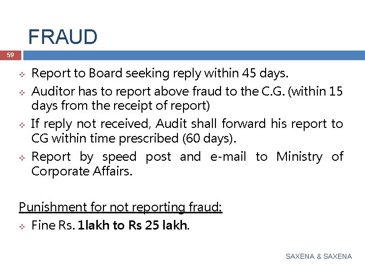 FRAUD 59 v v Report to Board seeking reply within 45 days. Auditor has