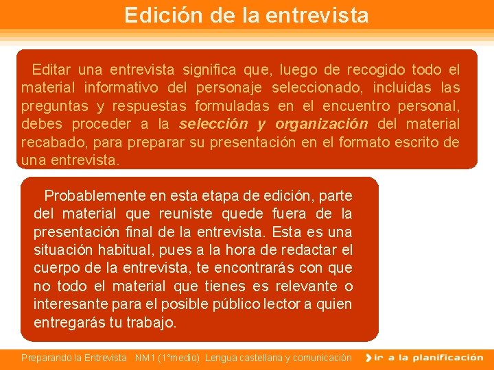 Edición de la entrevista Editar una entrevista significa que, luego de recogido todo el