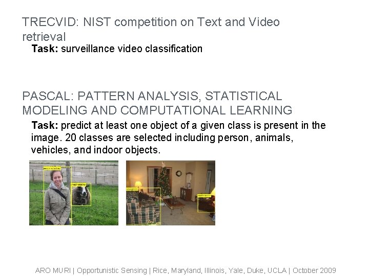 TRECVID: NIST competition on Text and Video retrieval Task: surveillance video classification PASCAL: PATTERN