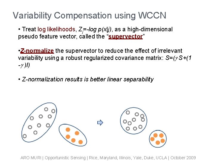 Variability Compensation using WCCN • Treat log likelihoods, Zj=-log p(x|j), as a high-dimensional pseudo