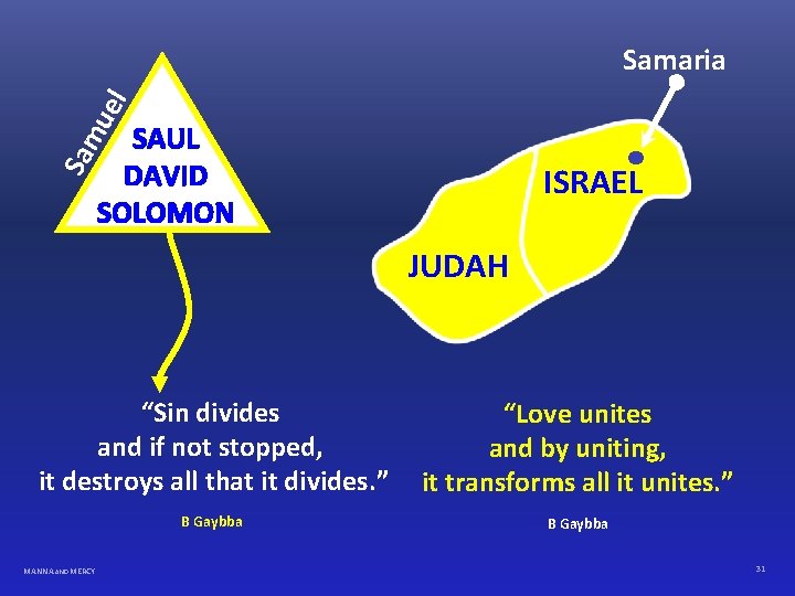 ue l Samaria Sam SAUL DAVID SOLOMON ISRAEL JUDAH “Sin divides and if not