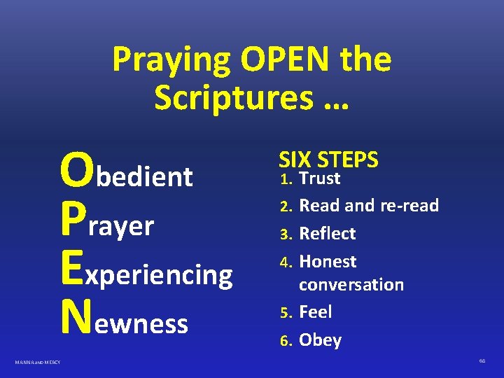 Praying OPEN the Scriptures … Obedient Prayer Experiencing Newness MANNA AND MERCY SIX STEPS