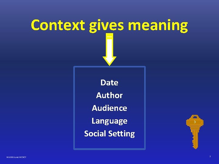 Context gives meaning Date Author Audience Language Social Setting MANNA AND MERCY 3 7