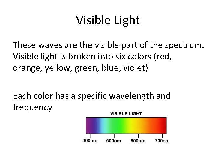 Visible Light These waves are the visible part of the spectrum. Visible light is