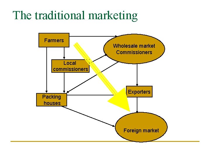 The traditional marketing Farmers Wholesale market Commissioners Local commissioners Packing houses Exporters Foreign market